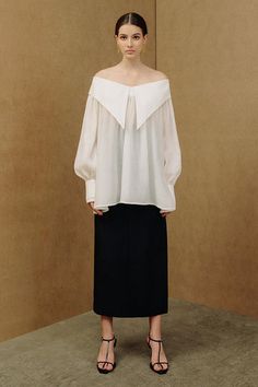 Marina Straight Off-Shoulder Floss Silk Top | MEAN BLVD Elegant One-shoulder Silk Blouse, Elegant One Shoulder Silk Blouse, Formal Silk One-shoulder Top, One-shoulder Silk Top For Formal Occasions, One Shoulder Silk Top For Formal Occasions, Elegant Off-shoulder Top For Spring Evening, Elegant Off-shoulder Top For Formal Spring Events, Elegant Long Sleeve Off-shoulder Top For Evening, Elegant Silk Off-shoulder Blouse