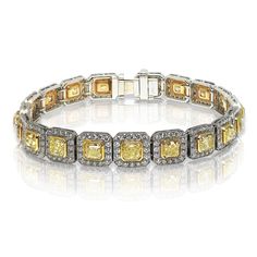 Yellow Diamond Bracelet Cushion Cut 23 Carat Inline Halo Tennis Bracelet in 18K White Gold Front View Yellow Cushion, Fancy Yellow Diamond, Cushion Cut Diamond, Diamond Tennis Bracelet, Bezel Set Diamond, Cushion Cut Diamonds, Tennis Bracelet Diamond, Yellow Diamond, Diamond Bracelets