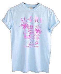 Hawaiian Cotton Tops With Letter Print, Hawaiian Cotton Top With Letter Print, Hawaiian Cotton Tops With Screen Print, Acid Wash Tops With Front Print For Summer, Acid Wash Top With Front Print For Summer, Summer Acid Wash Top With Front Print, Relaxed Fit Hawaiian Cotton Top, Relaxed Fit Hawaiian Cotton T-shirt, Pink Hawaiian Cotton T-shirt