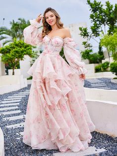 Cottagecore Flowy Dress, Women Dress Poses, Floral Gown Designs, Flowers Dress Outfit, Floral Dress Prom, Puffy Prom Dress, Flower Outfits, Blood Witch, Cute Prom Dress