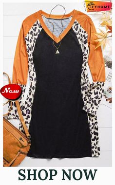 Black Leopard Color Block V-neck Mini Dress Orange Stretch V-neck Dress, Stretch V-neck Mini Dress For Fall, Casual V-neck Mini Dress For Fall, Black Shift Mini Dress With V-neck, Casual Black V-neck Dress For Fall, Fall Casual V-neck Mini Dress, Casual V-neck Dress For Fall, Black Long Sleeve V-neck Dress For Fall, Black Shift Dress For Fall