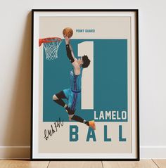 a basketball player dunking the ball in front of a number one poster on a wall