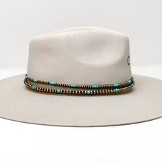 Copper Tone and Turquoise Pearl Hat Band With Black Tie Strings. Pictured on a white background with the band around a light brown/ gray hat. Adjustable Top Hat With Short Brim For Kentucky Derby, Adjustable Fedora Mini Hat For Kentucky Derby, Adjustable Felt Hat For Kentucky Derby Country Events, Adjustable Fedora For Kentucky Derby, Adjustable Fedora For Country Events, Kentucky Derby Adjustable Short Brim Felt Hat, Adjustable Felt Hat For Kentucky Derby With Short Brim, Adjustable Flat Crown Hats For Kentucky Derby, Adjustable Flat Crown Panama Hat For Country Events