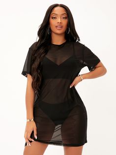 Black Sexy  Short Sleeve Mesh Plain Tunic Embellished Slight Stretch Summer Women Dresses Baggy Tops, Sheer Mesh Dress, Black Mesh Dress, Striped Tunic Dress, Ribbed Knit Dress, Mini Robes, Swimsuit Cover Ups, Sheer Dress, Swimsuit Cover