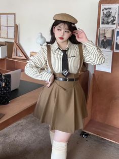 Plus Size - Coffee Preppy High Waist Overalls Suspender Skirt Kawaii Plus Size Outfits, 50s Outfits For Women, Skirt Overalls Outfit, 20's Outfits, Turtle Neck Outfits, Skirt And Top Outfits, Overall Shorts Outfit, Street Fashion Women, Overalls Skirt