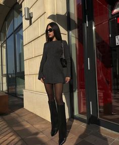 Dresses With Tights And Boots, Cute Thanksgiving Outfits, Winter Fashion Outfits Casual, Cold Outfits, Looks Party, Paris Outfits, Date Outfits, Knit Mini Dress, Autumn Outfit