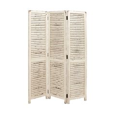 a white room divider with shutters on the top and bottom panel, in front of a white background