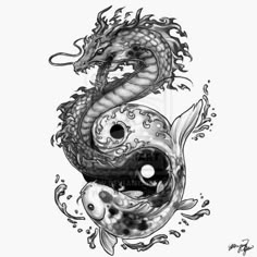 an ink drawing of two fish and a dragon