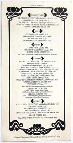 an old menu with black and white designs on it's side, including roses