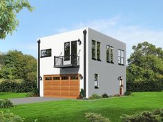 a two story house with a garage on the front and second story above it is surrounded by green grass