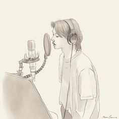 a drawing of a woman with headphones on looking at a computer screen and microphone