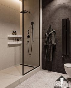 a bathroom with a walk in shower next to a toilet