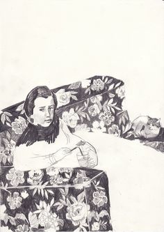 a black and white drawing of a woman sitting on a couch with her arms crossed