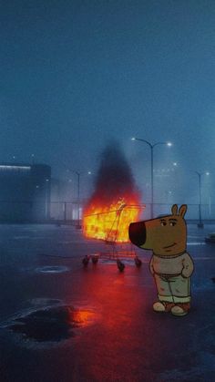 a cartoon character standing in front of a fire