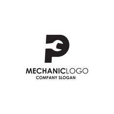 the logo for mechanicallogo company is shown in black and white, with an arrow pointing