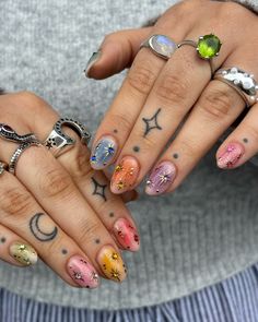 It’s giving bejewelled ✨ Eras Your Nail Ideas, Eras Tour Nails Stars, Festival Nails 2024, Coldplay Inspired Nails, Coldplay Nails Design, Colourful Nails For Summer, Summer Nails Stars, Era Tour Nails, Eras Nails Taylor Swift