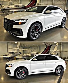 two pictures of the front and side of a white car in an airplane hanger