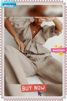 Women's Shirt Solid Color Deep V-neck Puff Sleeve Lotus Leaf Top Casual Linen Puff Sleeve Top For Spring, Linen Puff Sleeve Top For Brunch, Beige V-neck Blouse With Relaxed Fit, Fall V-neck Puff Sleeve Top For Day Out, Spring V-neck Puff Sleeve Top For Day Out, Spring Day Out V-neck Puff Sleeve Top, Spring Casual V-neck Puff Sleeve Top, Casual V-neck Puff Sleeve Top For Spring, Fall V-neck Puff Sleeve Top