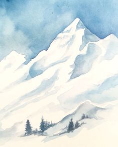 a watercolor painting of a snowy mountain with pine trees