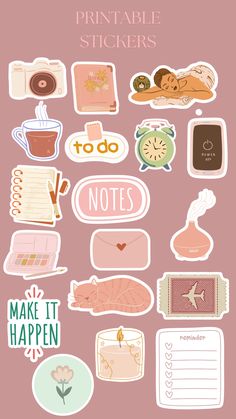 a bunch of stickers that are on top of a pink background with words and pictures