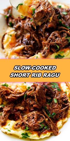 slow cooked short rib ragu is served on top of an omelet and garnished with parsley