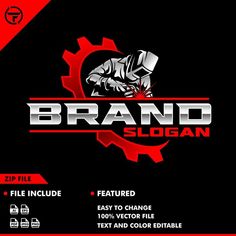 a black and red background with the words brand sloan on it, in front of a gear