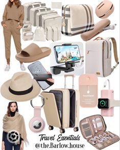 the travel essentials on the barrow house website are all in beige and black, including luggage