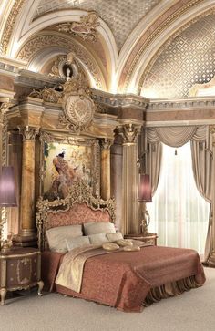 a fancy bedroom with an elaborate bed and chandelier