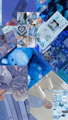 a collage of photos with blue and white colors