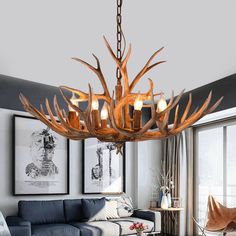 Brown Super Stag Faux Antlers Six Light LED Chandelier By Homeroots | Chandeliers | Modishstore Deer Antler Chandelier, Restaurant Vintage, Antler Chandelier, Deer Horn, Hanging Ceiling Lamps, Hanging Pendant Lamp, Hanging Ceiling Lights, Wood Candles, Unique Lighting