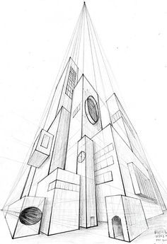 a pencil drawing of a building with a clock on it