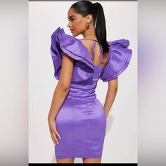 Purple Mini Dress New With Tags Fashion Nova Dressy Satin Dress With Ruffles, Party V-neck Midi Dress With Ruffle Hem, Purple Ruffled Prom Dresses, Chic Prom Dress With Ruffled Straps, Fitted Satin Dress With Ruffled Straps, Purple Ruffled Mini Dress For Prom, Party Mini Dress With Ruffle Hem And Ruffled Straps, Fitted Purple Dresses With Ruffles, Spring Midi Dress With Ruffle Hem For Night Out