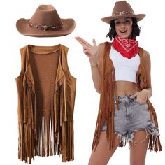 PRICES MAY VARY. 【3Pcs Western Cowgirl Accessories】This cowgirl costume set includes 1 brown fringe cardigan, 1 brown cowgirl hat, and 1 red scarf. Bring an extra touch of the old west to your wardrobe. 【Stylish Fringe Vest & Classic Cowgirl Hats 】The cowgirl vest features a long fringe design and the brown cowboy hat features a classic cowboy crease style crown and a high-quality leather hatband, crafted with attention to detail. Effortlessly achieving Western cowboy style, a 70s hippie vibe, a Cowgirl Costume For Women, Costume Cowgirl, Western Cowgirl Outfits, 70s Disco Outfit, Women 70s, Cowgirl Outfits For Women, Sombrero Cowboy, Black Cowboy Hat, 70s Clothing