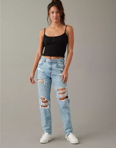 AE Strigid Ripped Mom Jean American Eagle Mom Jeans, Rip Mom, Ripped Mom Jeans, High Waisted Mom Jeans, Curvy Jeans, American Eagle Jeans, High Jeans, Ripped Jeans, Recycled Cotton