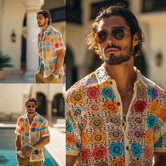 - Artisan-created crochet men's shirt with a colorful design featuring hues of Orange, Blue, Yellow, and more for a vibrant look - Each shirt is handcrafted, providing a unique and personal touch to your wardrobe - Perfect for festivals, beach outings, or casual summer wear, with a breathable crochet pattern keeping you cool - Custom size and color options available to fit your style and needs SIZES and MEASUREMENTS -  If you are unsure, please choose your regular size and give us your measureme Bohemian Cotton Shirt For Beach Season, Bohemian Multicolor Shirt For Vacation, Multicolor Shirt For Summer Festival, Casual Multicolor Handmade Tops, Handmade Multicolor Tops For Vacation, Short Sleeve Crochet Shirt For Summer, Summer Crochet Short Sleeve Shirt, Beachwear Crochet, Crochet Men