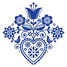 blue flowers and hearts in the shape of a heart on a white background, illustration