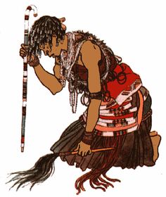 a drawing of a native american man kneeling down with a stick in his right hand