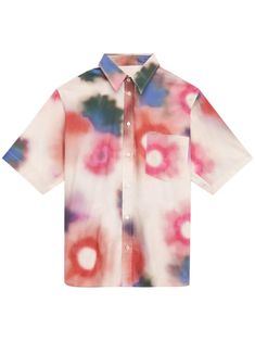 ecru/multicolour cotton poplin texture watercolour effect spread collar front button fastening drop shoulder short sleeves chest patch pocket straight hem Watercolour Effect, Flat Shoes Men, Small Leather Goods, Print Shirt, Watercolor Print, Men's Collection, Cotton Poplin, Cut And Style, Isabel Marant