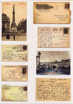 several old postcards with writing and pictures on them, including an eiffel tower