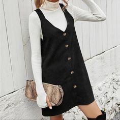 Black Button Corduroy Mini Dress S M L Xl, 100% Polyester, Ships In 7-8 Days Grunge Outfits Women, Corduroy Overall Dress, Pantsuits For Women, Suspender Dress, Vestido Casual, Versatile Dresses, Overall Dress, Types Of Skirts, Grunge Outfits