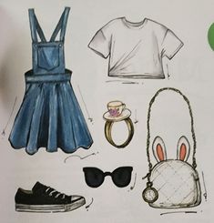 a drawing of clothes and accessories on a white sheet with a green circle in the background