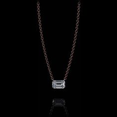 Aresa New York - Hadid Solitaire with Emerald Necklaces - 18K Rose Gold with 1.00 cts. of Diamonds Emerald Necklaces, Solitaire Necklace, Diamond Birthstone, Diamond Solitaire Necklace, Emerald Cut Diamond, Rose Gold Chain, Zaha Hadid, Solitaire Necklaces, Emerald Necklace