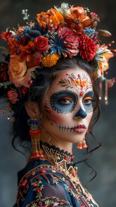 A highly detailed and artistic portrayal of a Latina woman styled as La Catrina for the Day of the Dead celebration. The woman should have a richly decorated sugar skull makeup, featuring vibrant colors like red, blue, and yellow, intricately designed across her face. Her hair is styled in an elegant updo, adorned with marigolds and roses. She wears a traditional Mexican dress, heavily embroidered and colorful, with lace details. The background should be subtly dark to enhance the mood, with sof Geek Outfit, Creative Halloween Makeup, Skull Face Paint, Sugar Skull Costume, Fashion Costume Halloween