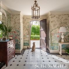 a dog is sitting in the doorway of a room with floral wallpaper on the walls