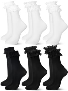 PRICES MAY VARY. Enough Package: the 6 pairs of lace ankle socks package includes 3 styles in lace style, satin style and bow style for your choose, each style of 2 pairs; This pack offers a nice chance to change your sock collection, and even share with your loved ones to show your care Lace Ruffle Design: these ruffle socks for women are not only comfortable, but also fashionable; Exquisite lace design, presenting a cute appearance; These socks are suitable for daily wear and instantly enhance Womens Ankle Socks, Socks Package, Lace Ankle Socks, Socks Lace, Ruffle Socks, Sock Collection, Frilly Socks, Socks Packaging, Ruffled Socks