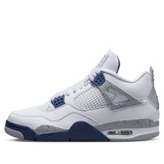 Introducing the Air Jordan 4 Retro White Midnight Navy — the perfect blend of classic and modern. Built for quality and comfort, this timeless sneaker boasts a durable upper constructed from white leather, equipped with black support Wings and Jumpman branding on the heel tab. Woven tongue tags feature an additional Jumpman icon in bright crimson for a fresh update. The cushioning midsole combines two-tone polyurethane with encapsulated Air technology in the forefoot and a visible unit in the he Air Jordan 4 For Light Sports With Cushioned Footbed, Modern Air Jordan 4 Low-top For Sports, Modern Low-top Air Jordan 4 Sports Shoes, Modern Low-top Air Jordan 4 With Boost Midsole, Modern Low-top Air Jordan 4 For Sports, Air Jordan 4 With Cushioned Footbed For Light Sports, Modern Low-top Air Jordan 4, Air Jordan 4 High-top With Speckled Midsole, Air Jordan 4 High-top Sporty Sneakers With Speckled Midsole