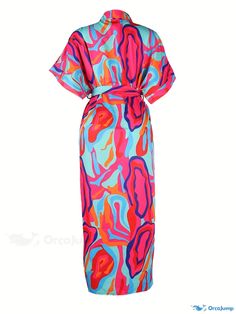 Orcajump - Colorful Abstract Print Dress, Casual Button Front Knotted Short Sleeve Dress, Women's Clothing Casual Multicolor Maxi Dress With Buttons, Multicolor Maxi Dress With Buttons, Pink Buttoned Maxi Dress For Vacation, Pink Buttoned Maxi Dress For Summer, Pink Maxi Dress With Buttons For Beach, Pink Beach Maxi Dress With Buttons, Pink Short Sleeve Maxi Dress With Buttons, Multicolor Buttoned Dress For Daywear, Multicolor Dress With Vibrant Print For Daywear