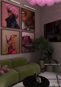 a living room filled with furniture and pictures on the wall