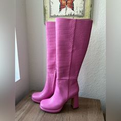 Knee High Boots Circus By Sam Edelman Color- Pink Size- 6.5 Print- Croc-Embossed Never Worn Pink Knee-high Boots With Round Toe For Fall, Chic Knee-high Pink Boots, Pink Wide Calf Knee-high Boots, Pink Knee-high Leather Heeled Boots, Fitted Pink Knee-high High Heel Boots, Pink Boots, Sam Edelman Shoes, Sam Edelman, Shoes Heels Boots