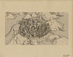 a drawing of a castle on top of a mountain